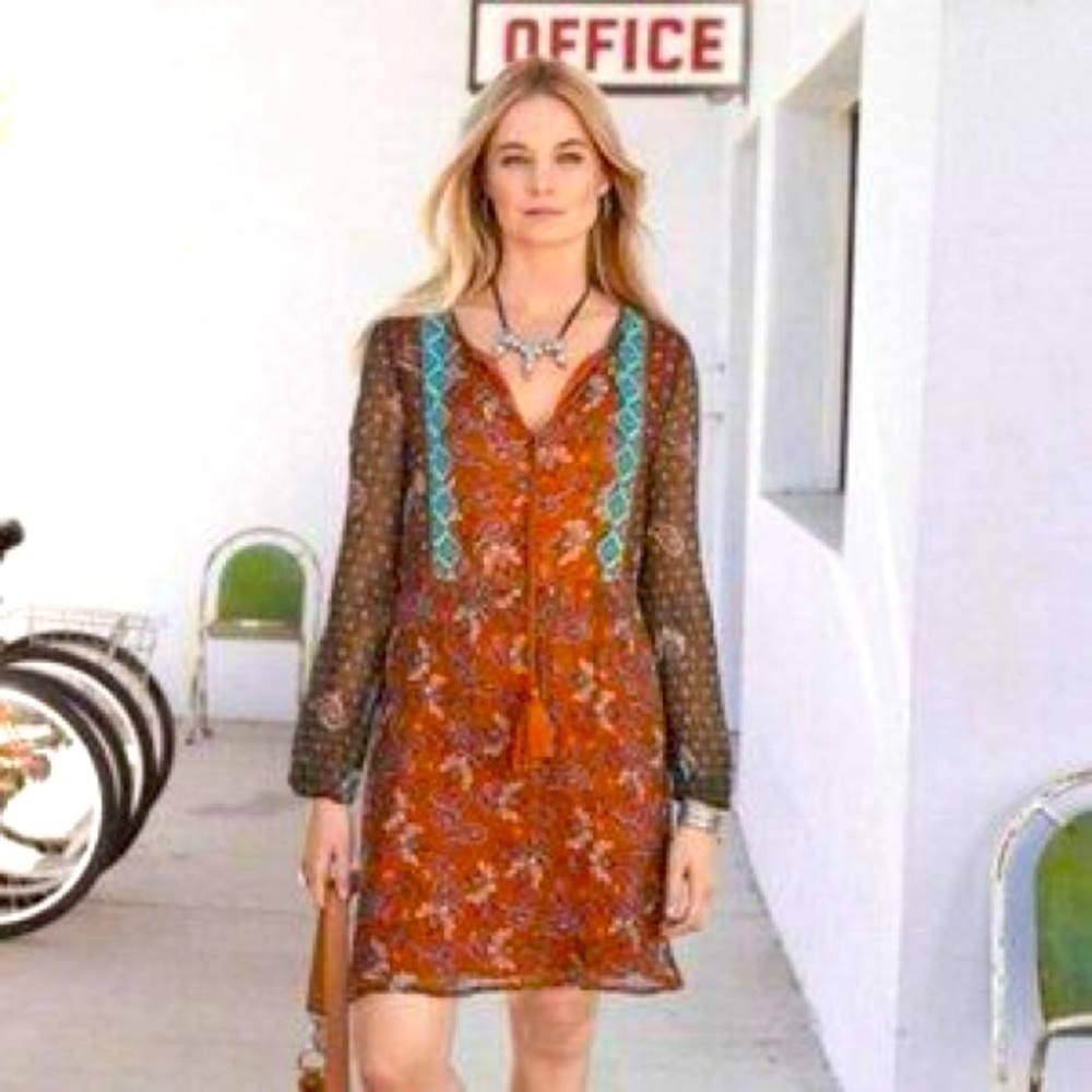 Sundance Boho Brown Floral Dress with Sheer Sleeves